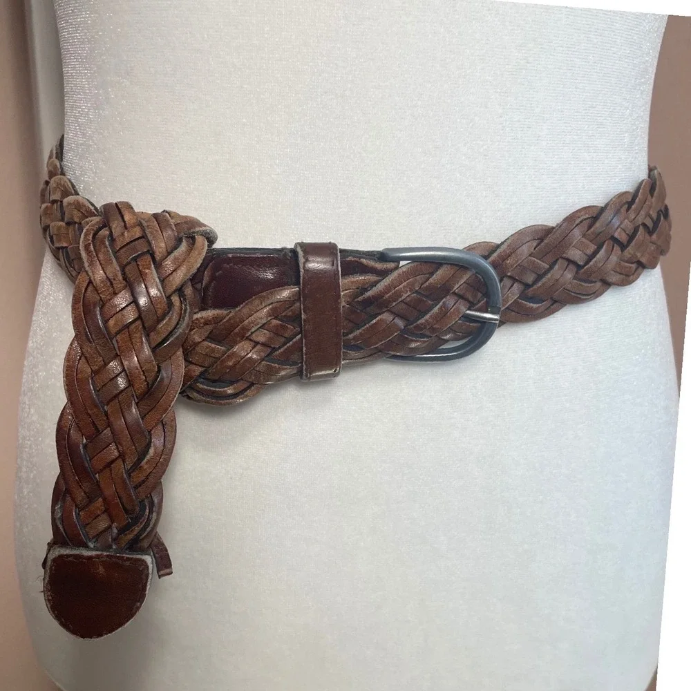 Vintage Braided Leather Belt Brown Woven Boho Waist Belt Silver Buckle Size 32